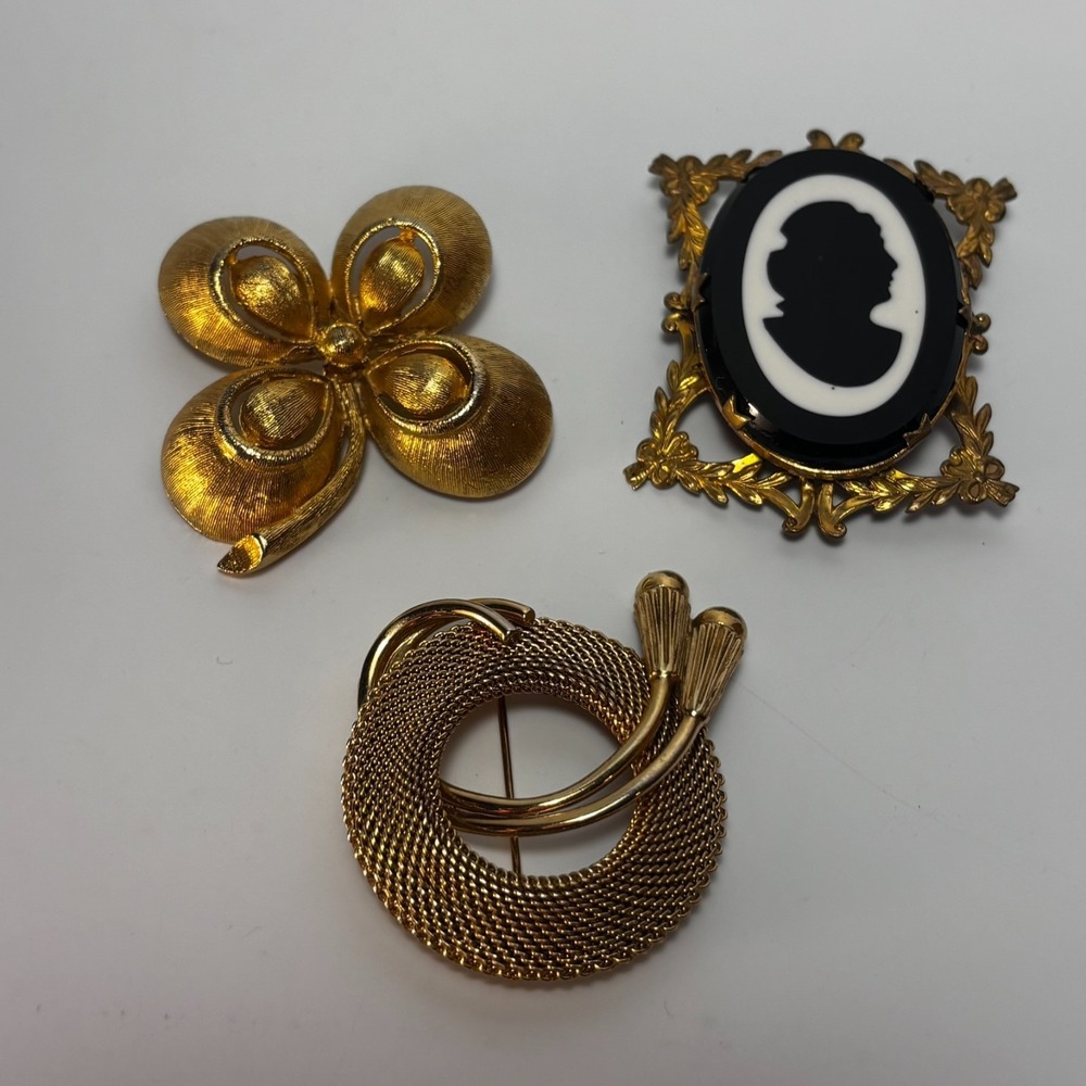 Vintage Antique Pin Lot Statement Filgree Glass Cameo Floral Mesh Shamrock